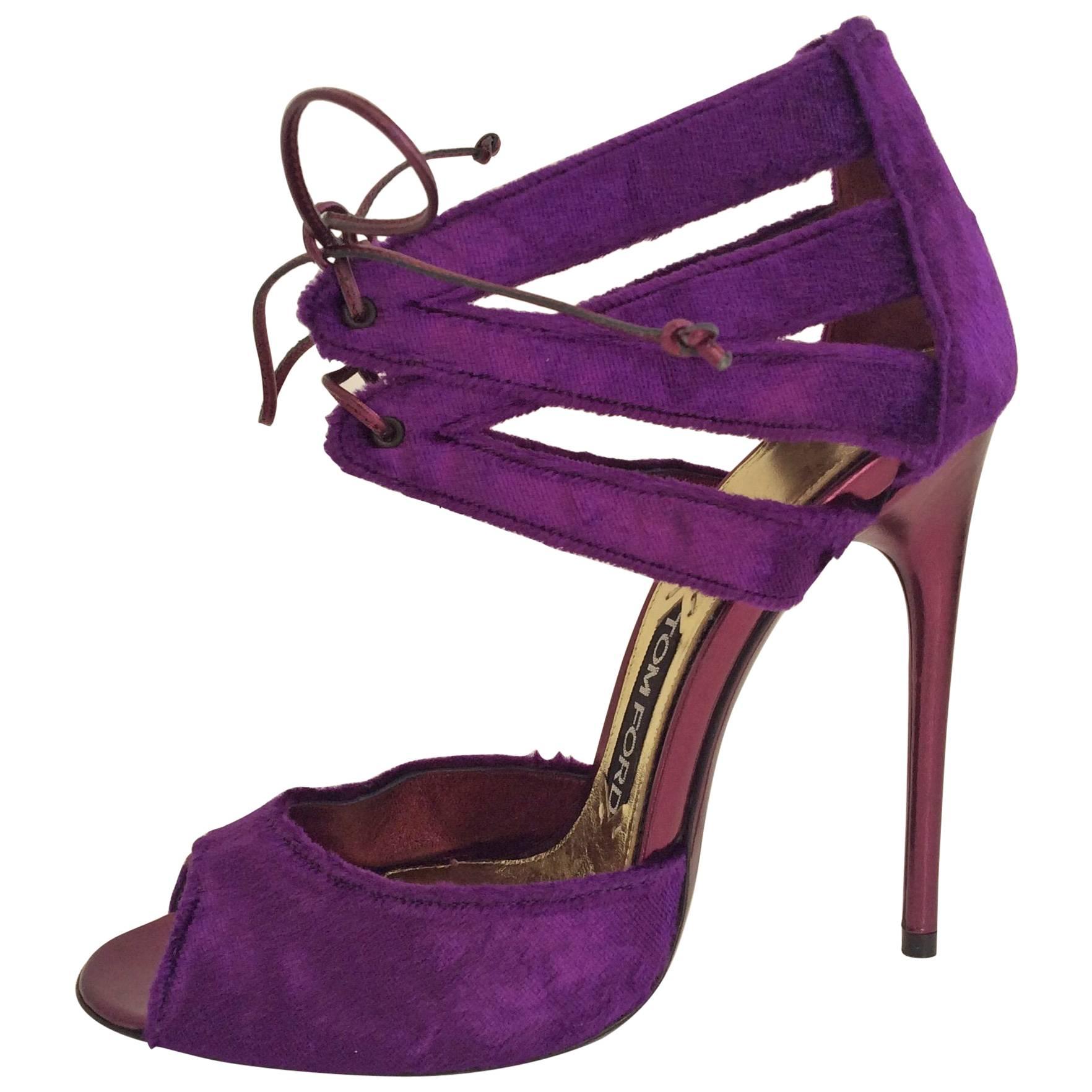 Tom Ford Violet Velvet Evening Sandals With Metallic Magenta Leather Heel Sz38.5 For Sale