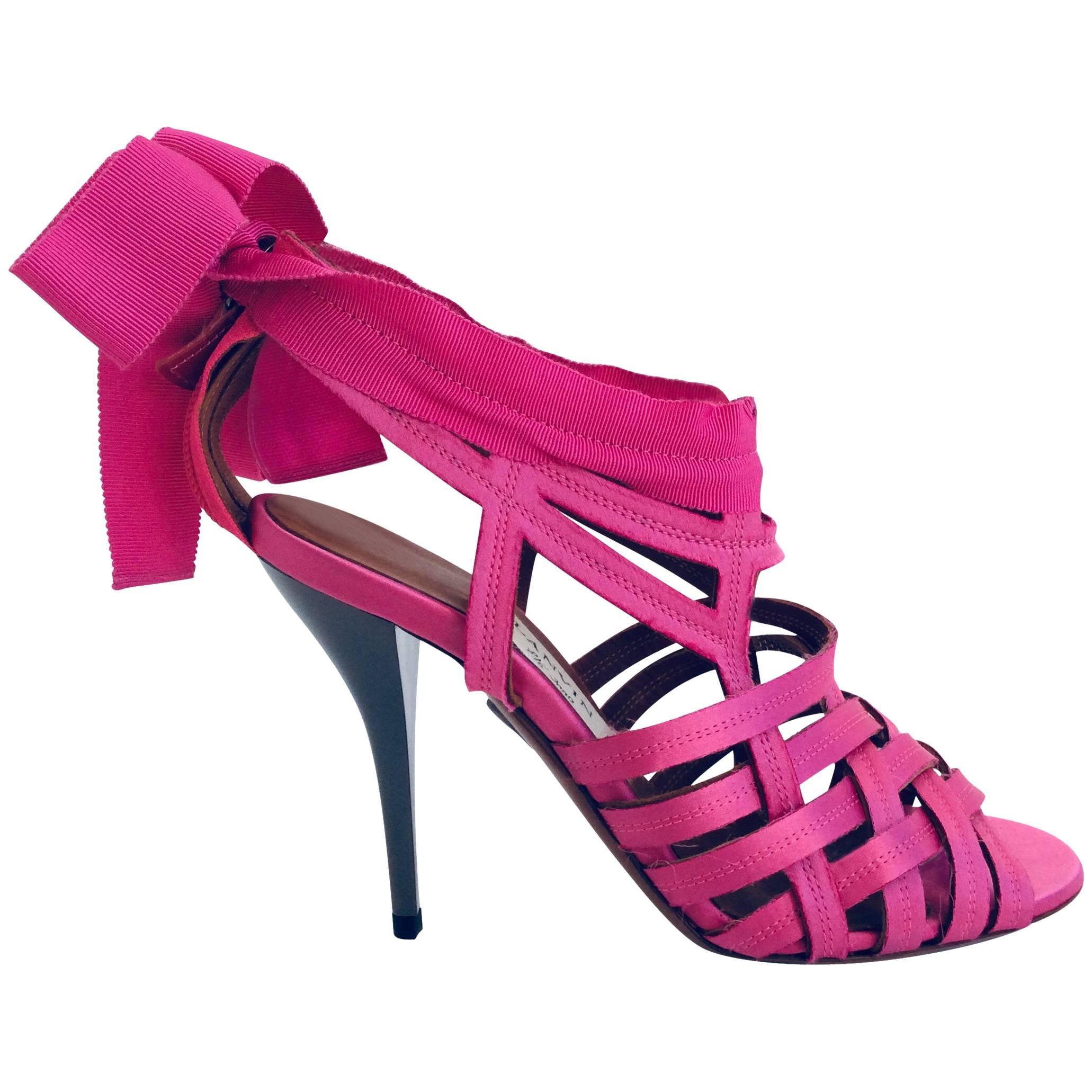 Lanvin Candy Pink Ribbon Sandals With Pewter Stiletto Heels Sz38  - Eté 2009 For Sale