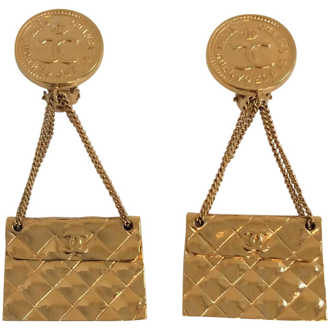 Chanel Vintage Gold Dangling Clip On Quilted Purse Earrings From 1989