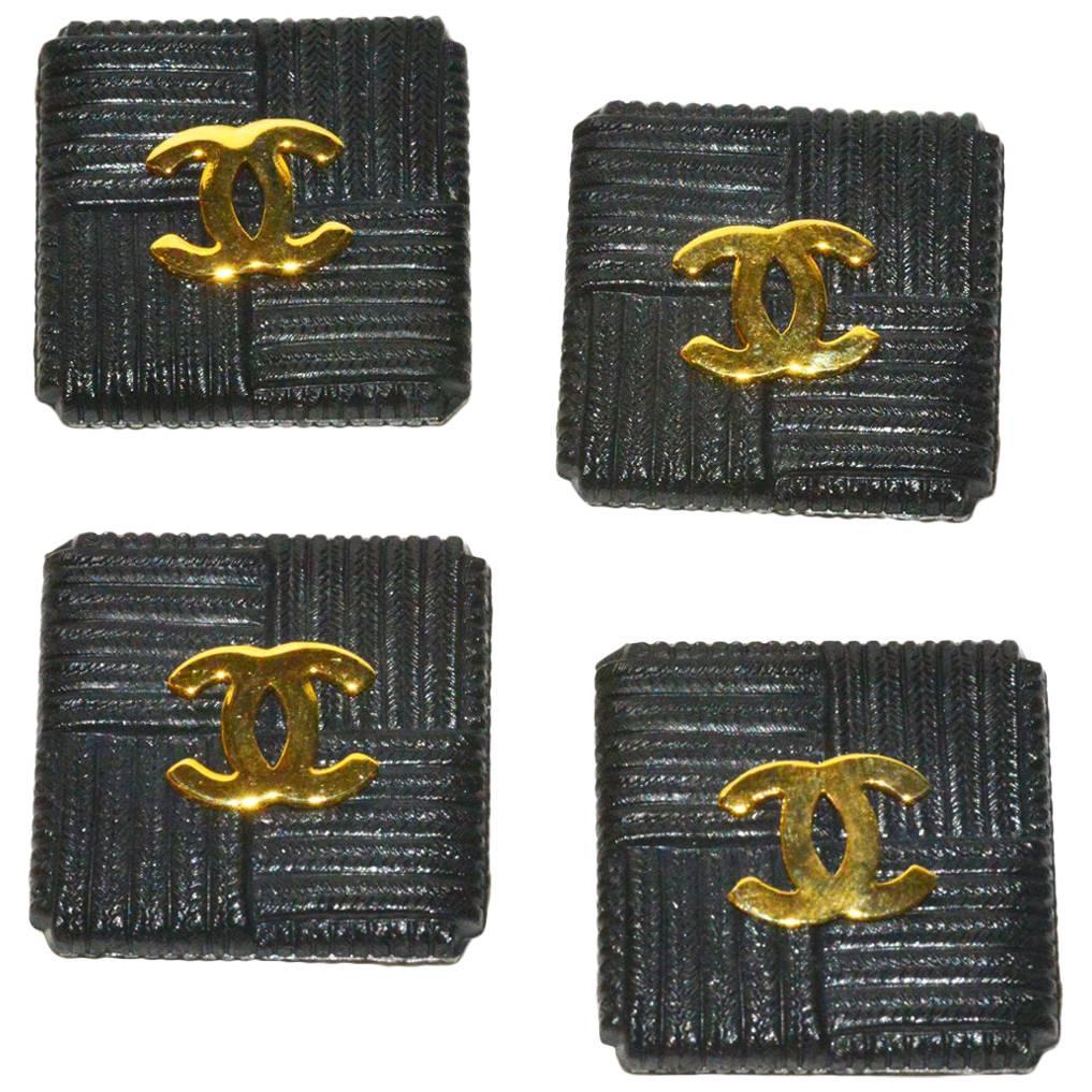 Fabulous Set of (4) Chanel Square Textured Resin and Logo Buttons For Sale