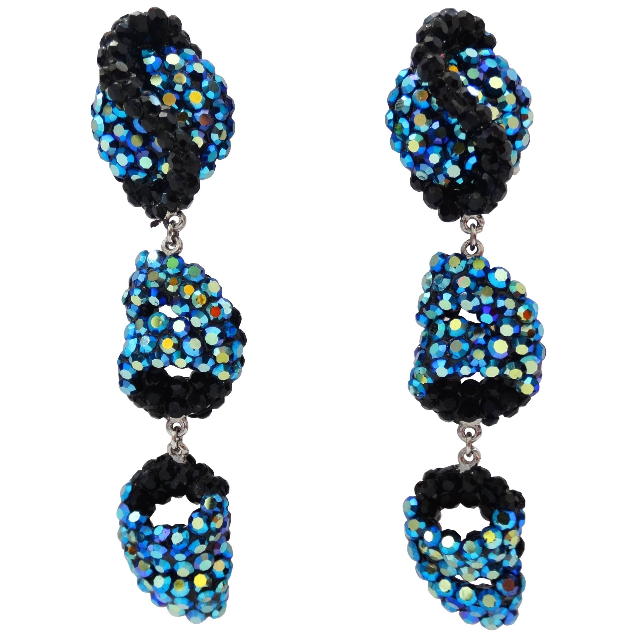 Abstract Blue & Black Rhinestone Dangle Earrings 