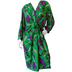 Vintage 1980s Yves Saint Laurent Silk Green & Purple Floral Dress