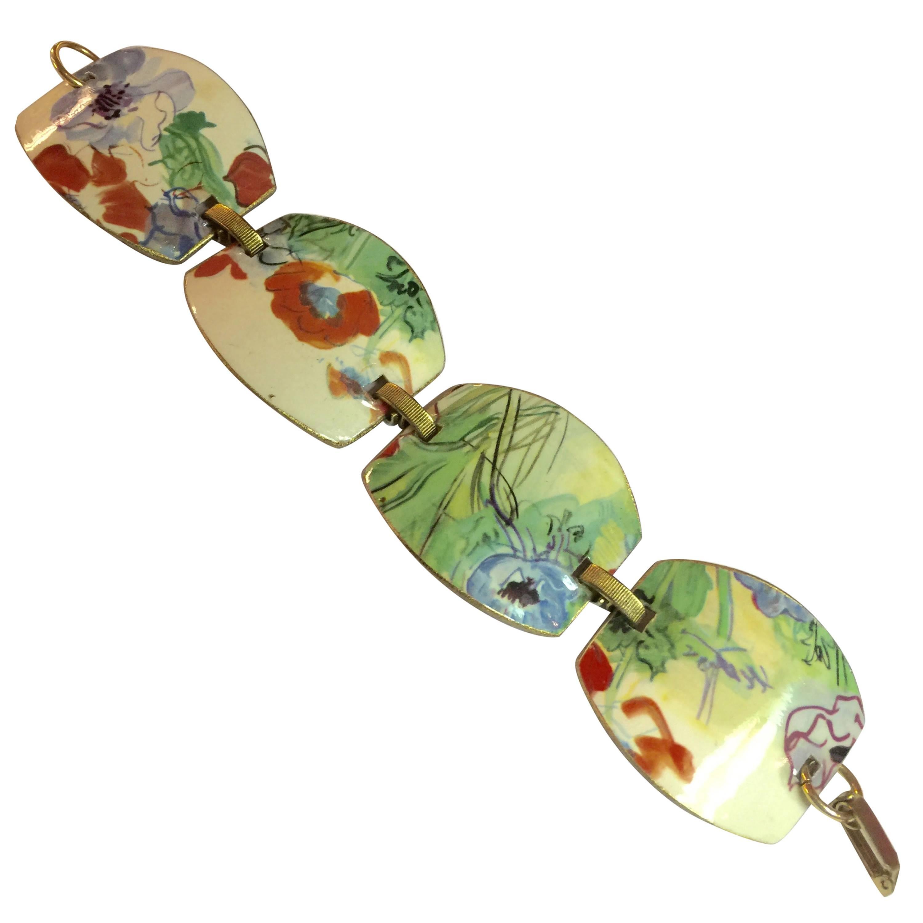Artisan Copper Floral Enamel Panelled Link Bracelet For Sale