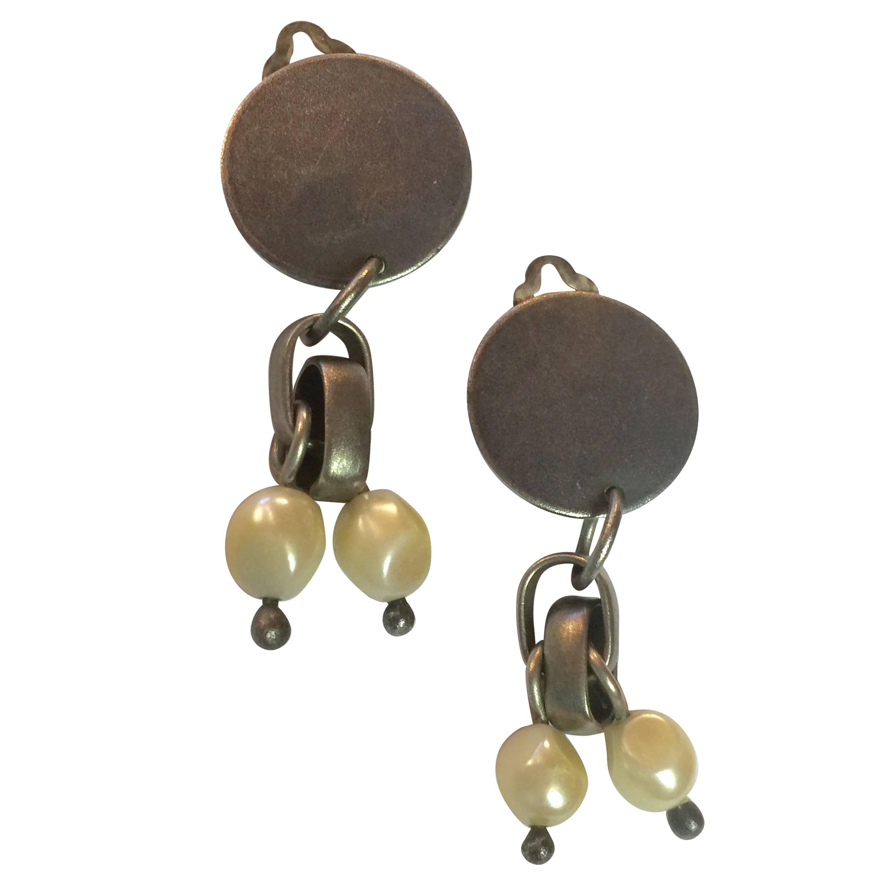 Martha Sturdy Vancouver Gunmetal and Baroque Pearl Chain Clip On Drop Earrings For Sale