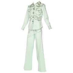 1970S Mint Green Cotton Denim Studded Two Piece Jacket And Jeans Pant Suit