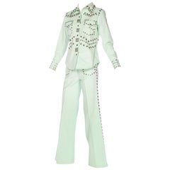 Vintage 1970S Mint Green Cotton Denim Studded Two Piece Jacket And Jeans Pant Suit