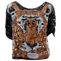 Vintage Sequined and Beaded Silk Tiger Tunic Top, 1970s 