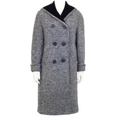 1960s Black and White Tweed Long Coat with Velvet Collar 