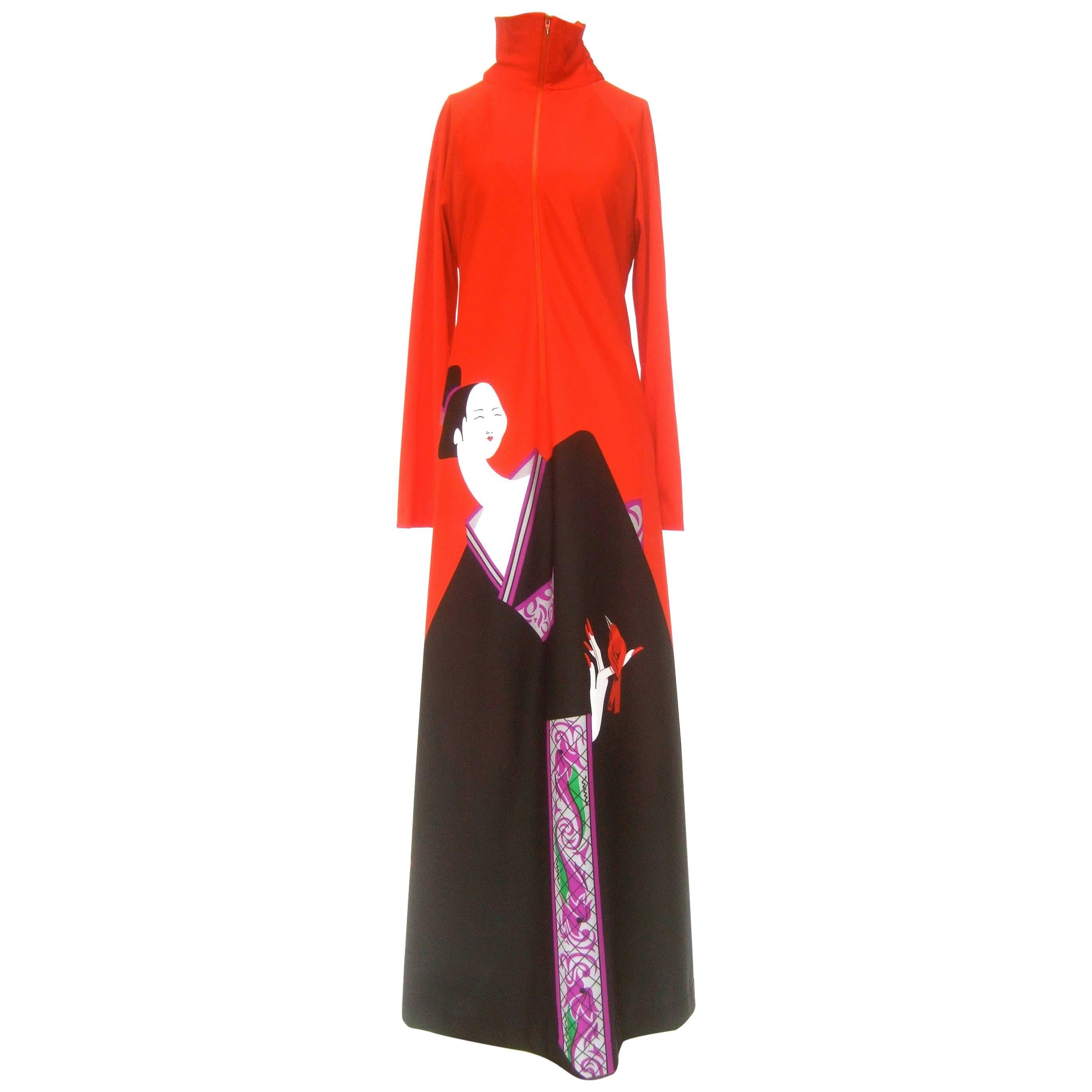 1970s Japanese Inspired Graphic Print Lounge Gown for Saks Fifth Avenue 