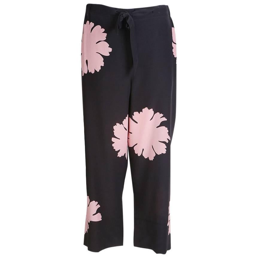 Alexander McQueen Cropped Silk Pants with Large Scale Floral Print