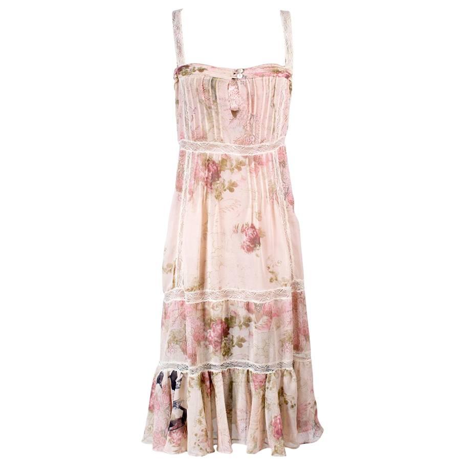 John Galliano Floral Print Peasant Dress with Built in Matching Silk Bra