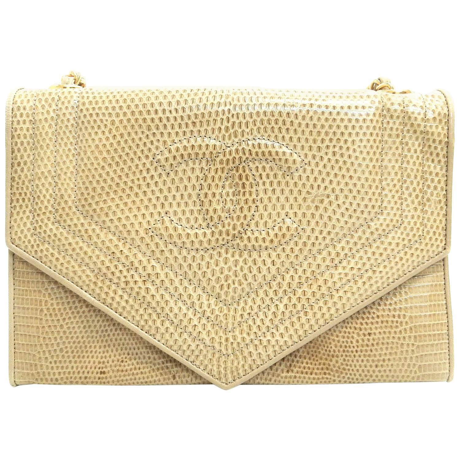 Chanel Ivory and Beige Lizard Leather Flap with Gold Chain Strap Shoulder Bag 