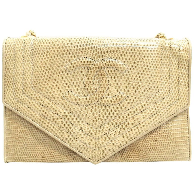 Chanel Ivory and Beige Lizard Leather Flap with Gold Chain Strap