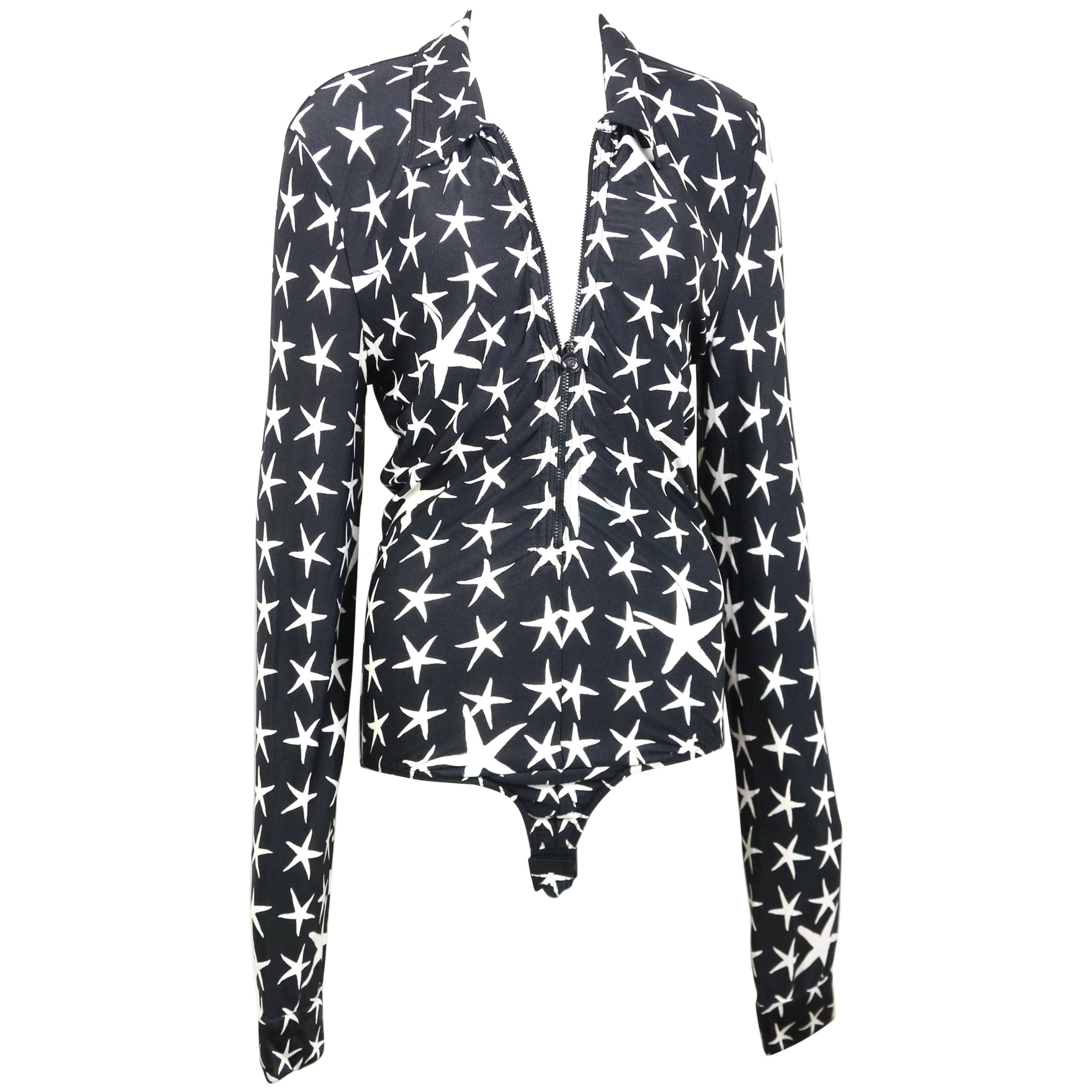 Gianni Versace Couture Black with White Stars Long Sleeves Bodysuit Top