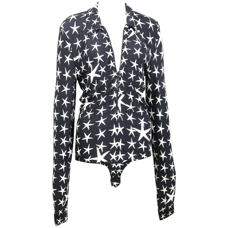 Gianni Versace Couture Black with White Stars Long Sleeves Bodysuit Top