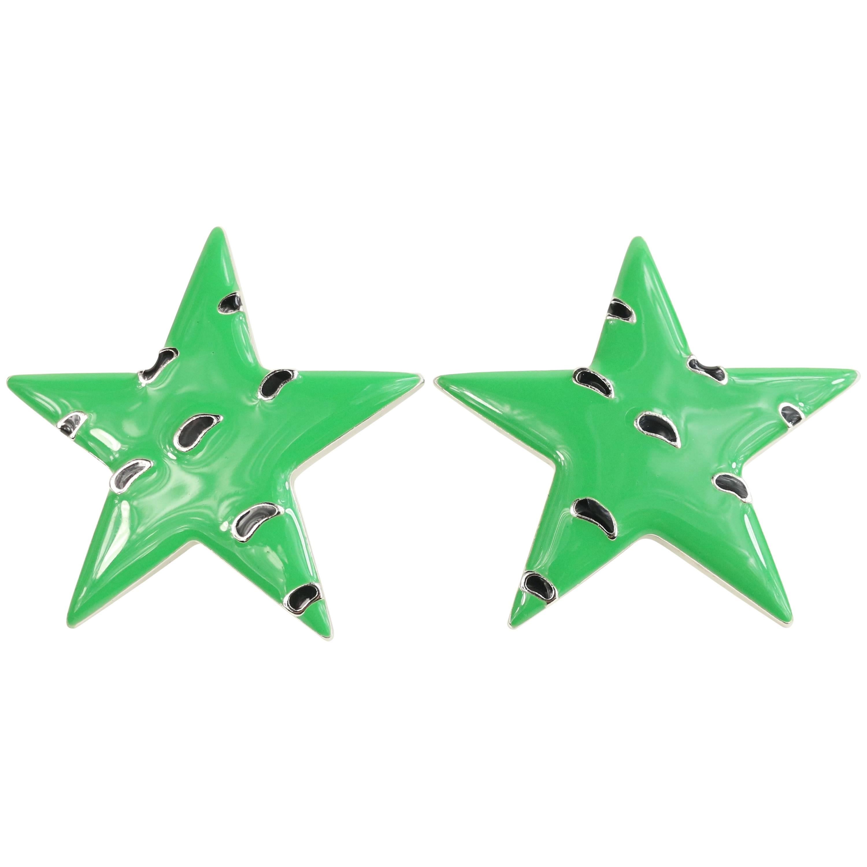 Escada Green Star Shape with Black and Silver Dots Clip On Earrings