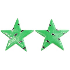 Vintage Escada Green Star Shape with Black and Silver Dots Clip On Earrings