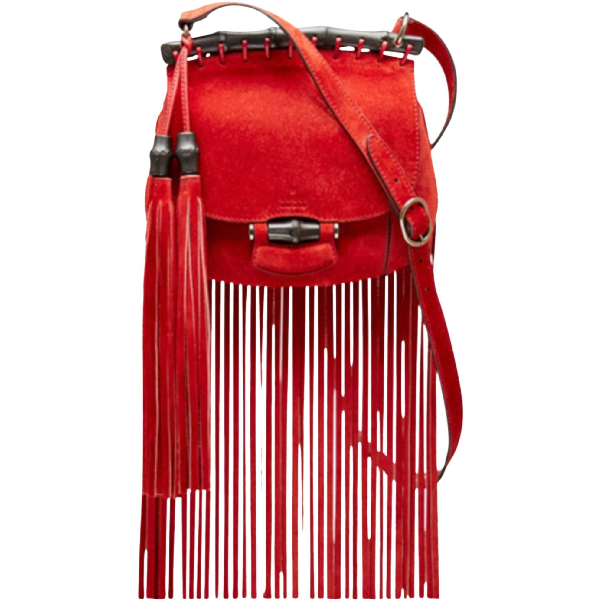 2014 Gucci Small Fringes Shoulder Bag Suede Red Leather / Good Condition