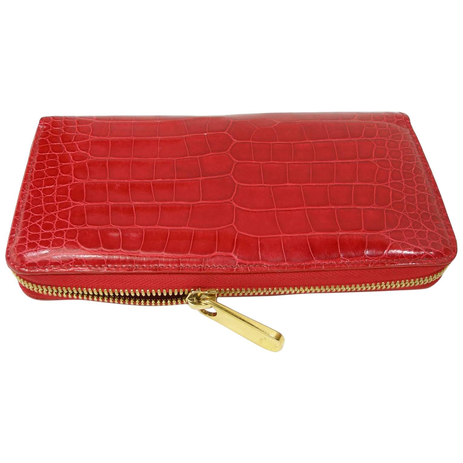 Circa 2010's Rare Louis Vuitton Wallet or Clutch Zippy Red Alligator Wallet For Sale