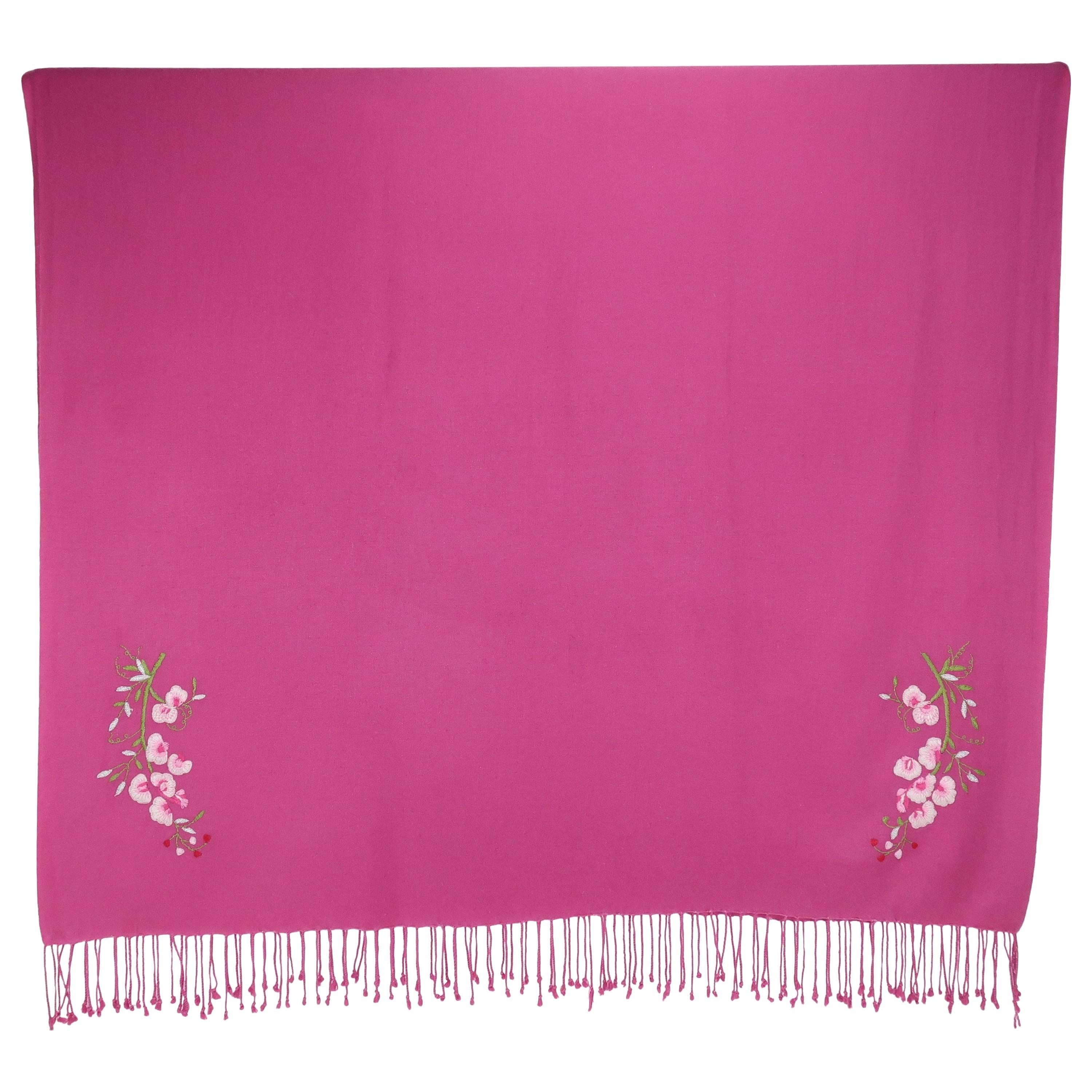 Large Hot Pink Wool Scarf Shawl With Cherry Blossoms