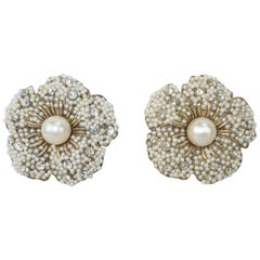 Retro 1980's Pearl & Rhinestone Flower Clip On Earrings