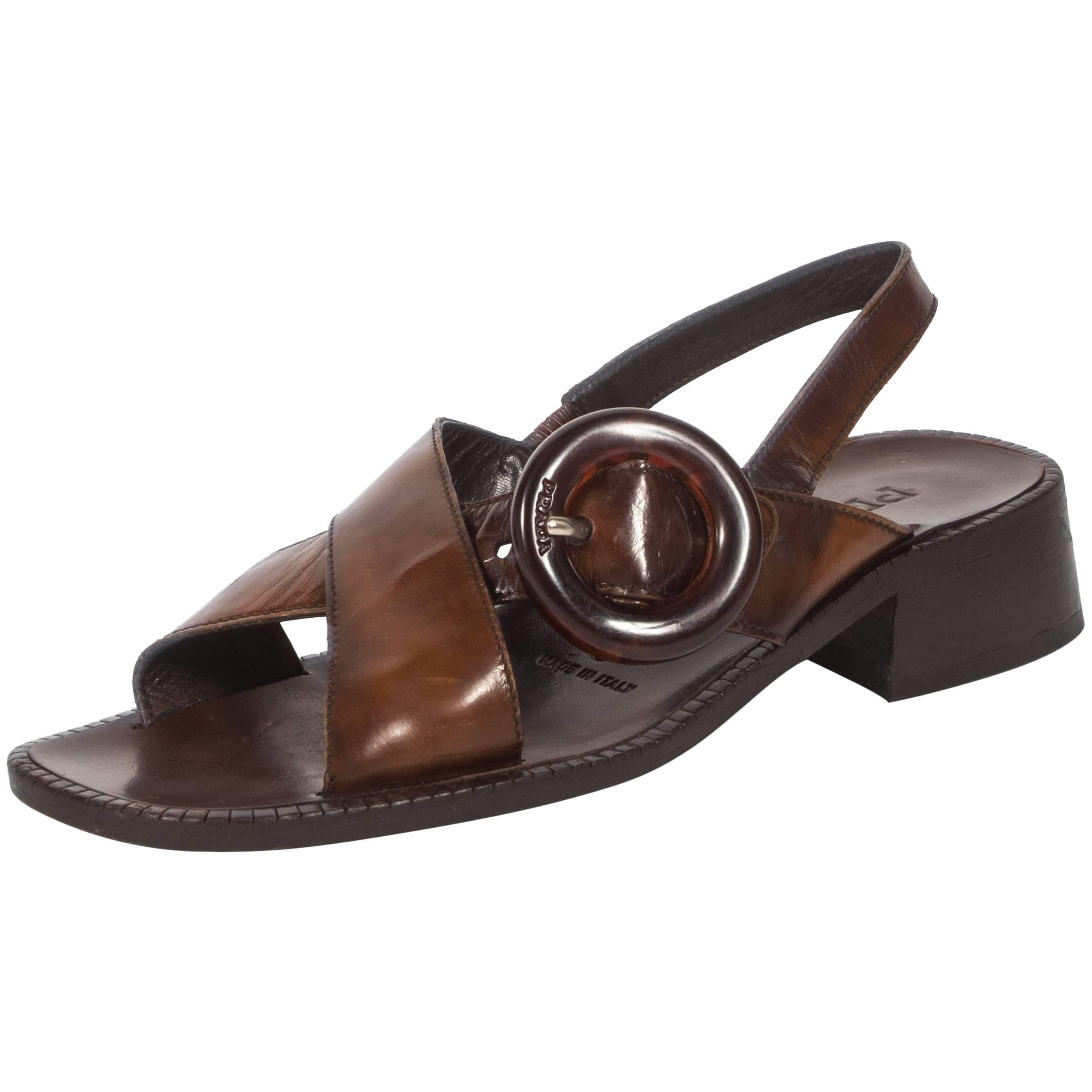 Prada brown leather sandals with buckle 