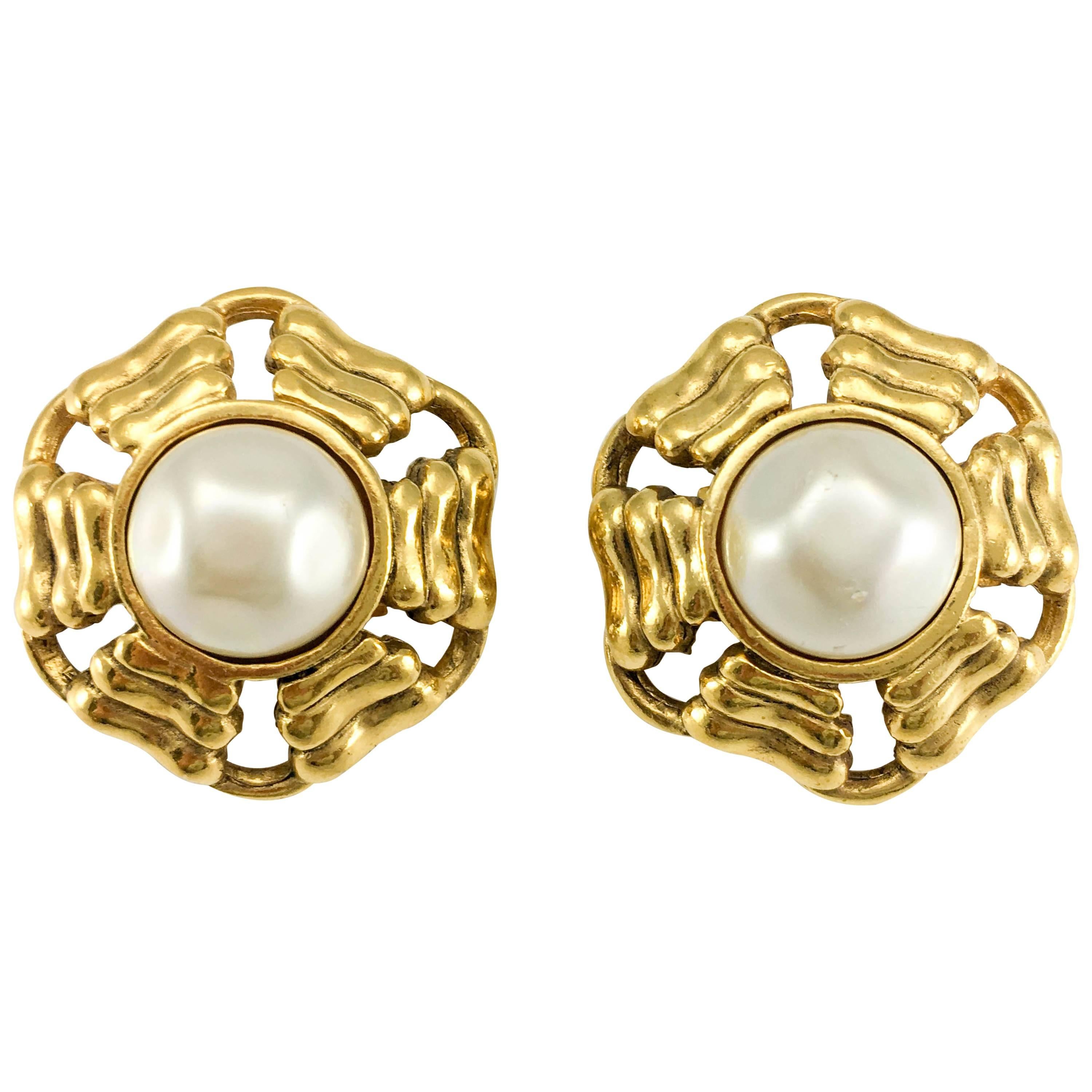 Chanel Gold-Plated Round Pearl Earrings, 1980s   For Sale