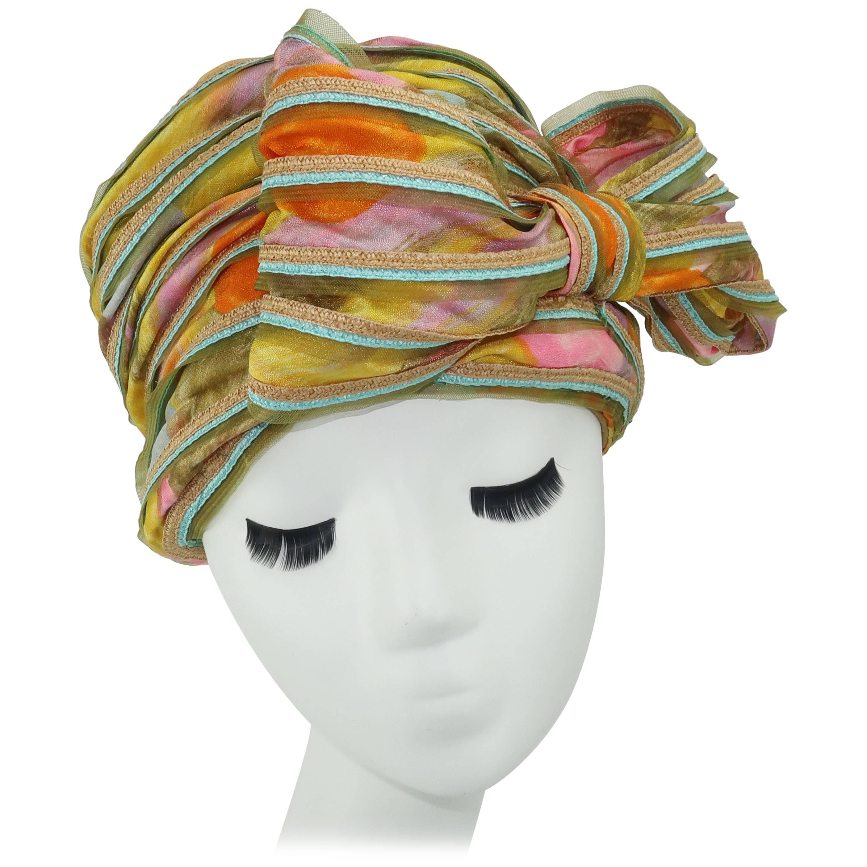 Mr. John Jr. Floral Turban Style Hat With Straw Edging, 1960s 