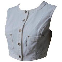 Chanel White Cotton Denim Vest with Silver Buttons, 1996