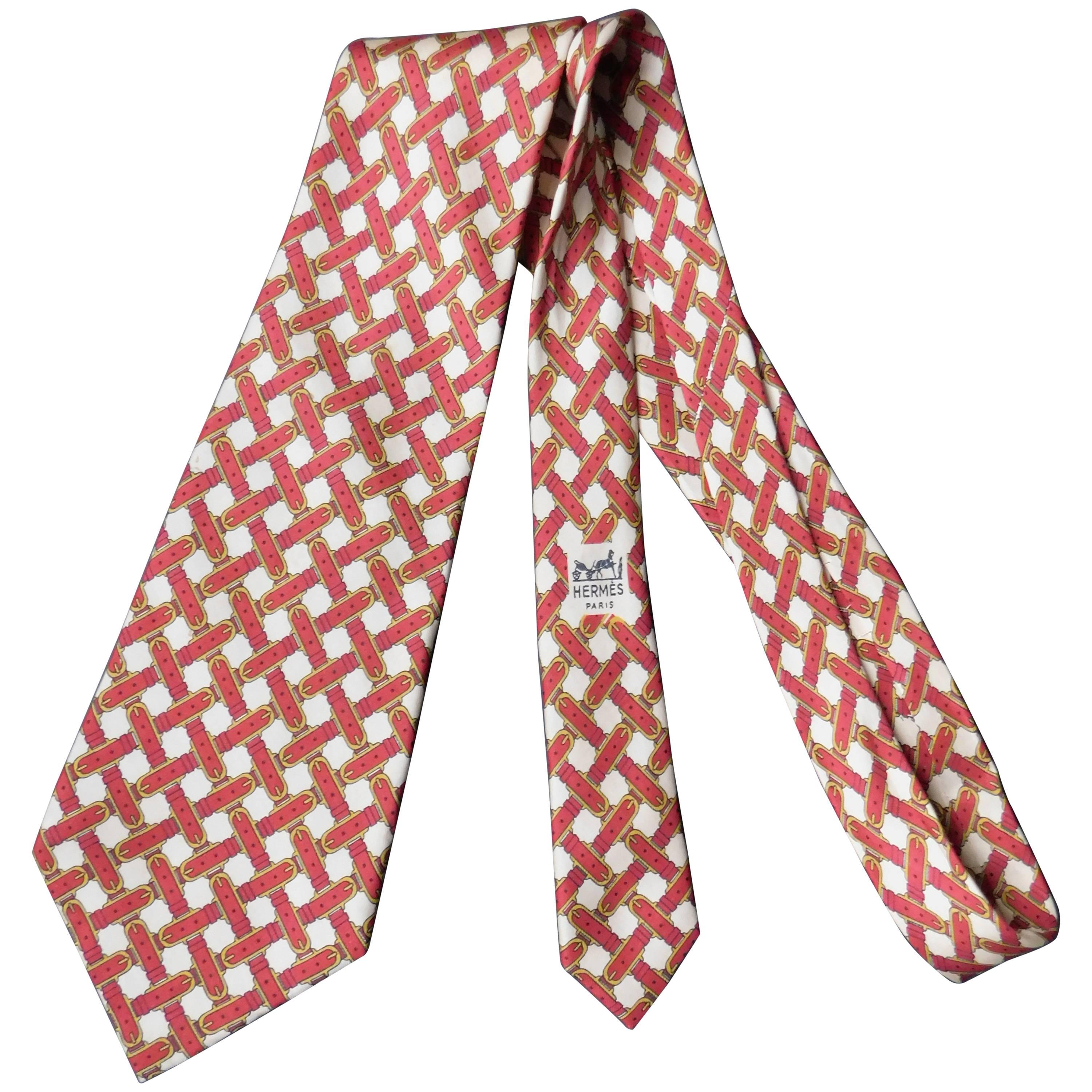 Hermes Silk Tie printed with Woven Saddle Stirrup Buckles