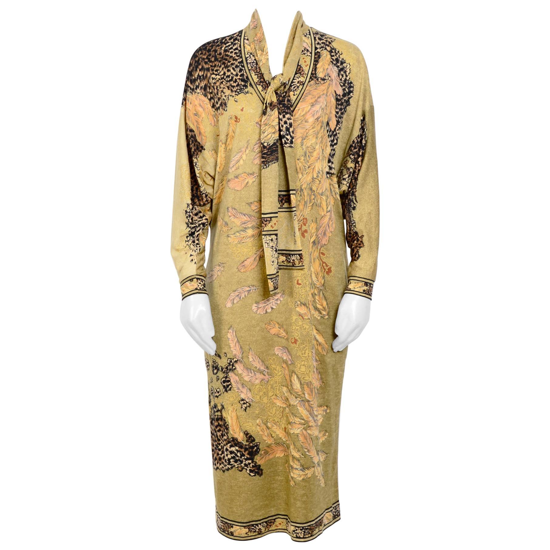 Leonard vintage 1970s feather print jersey dress with matching belt For Sale