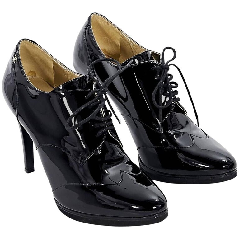 Chanel Black Patent Leather Ankle Boots For Sale at 1stDibs