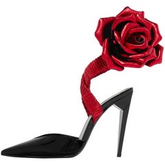 Saint Laurent New Runway Black Patent Rose Evening Sandals Heels in Box