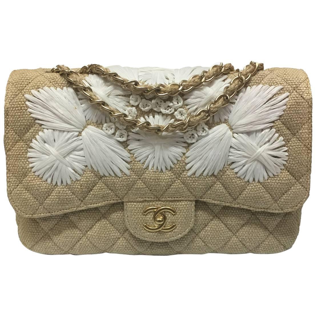 Chanel Tan Quilted Soft Raffia Woven Jumbo Classic Flap Shoulder Bag 
