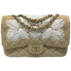 Chanel Tan Quilted Soft Raffia Woven Jumbo Classic Flap Shoulder Bag 