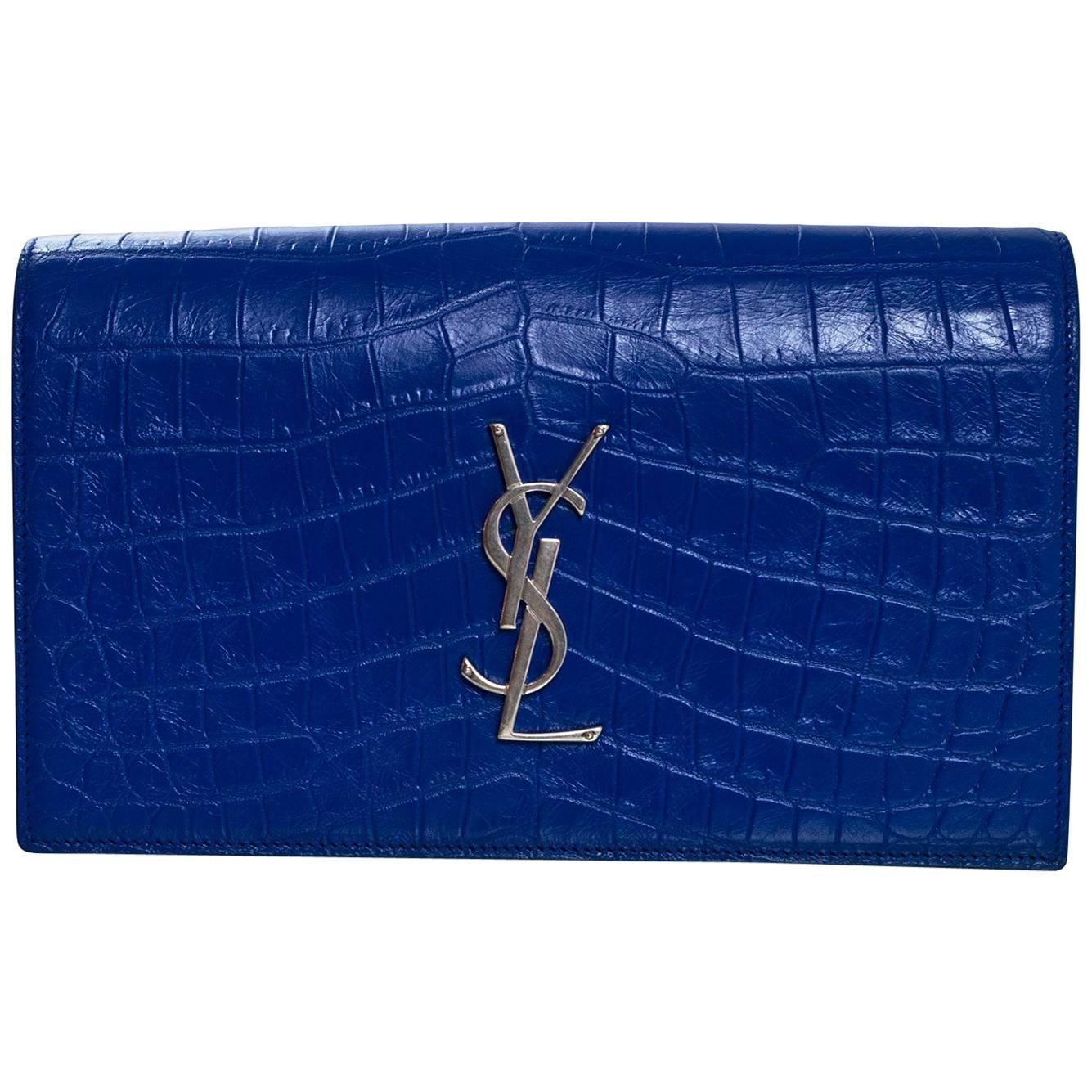 Saint Laurent Royal Blue Embossed Crocodile Monogram Kate Clutch Bag with Box