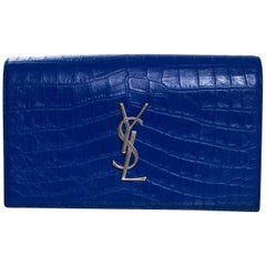 Saint Laurent Royal Blue Embossed Crocodile Monogram Kate Clutch Bag with Box