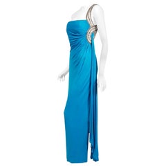 Vintage 1986 Travilla Couture Whitney Houston Design Blue One-Shoulder Silk Gown