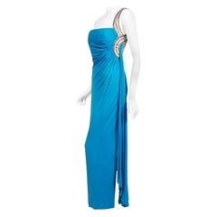 1986 Travilla Couture Whitney Houston Design Blue One-Shoulder Beaded Silk Gown