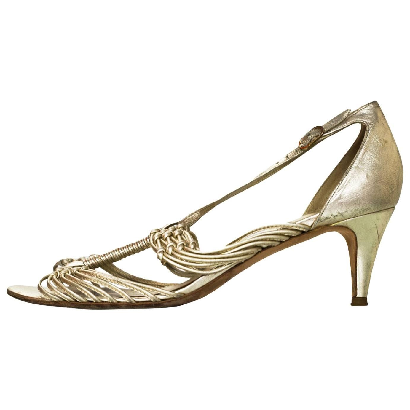 Chanel Gold Leather Strappy Sandals Sz 40.5