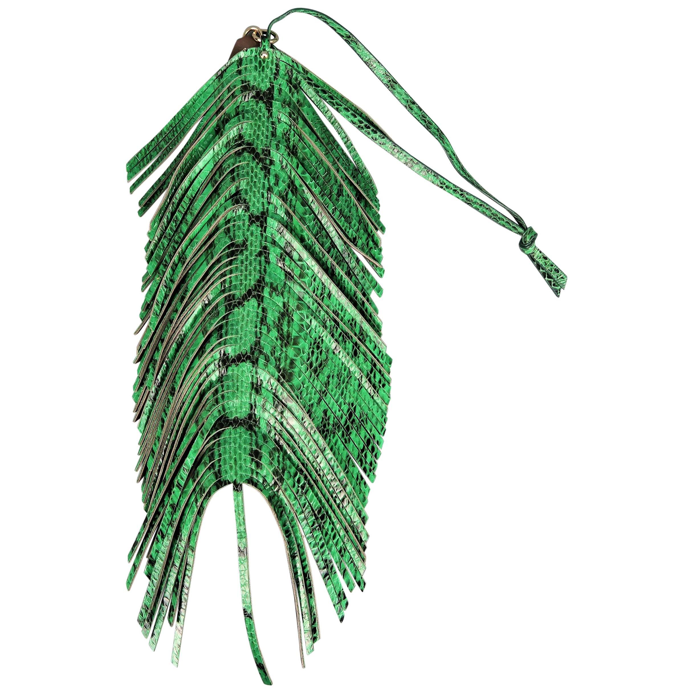 Jimmy Choo Green Snake Skin Leather Fringe Feather Key Chain 