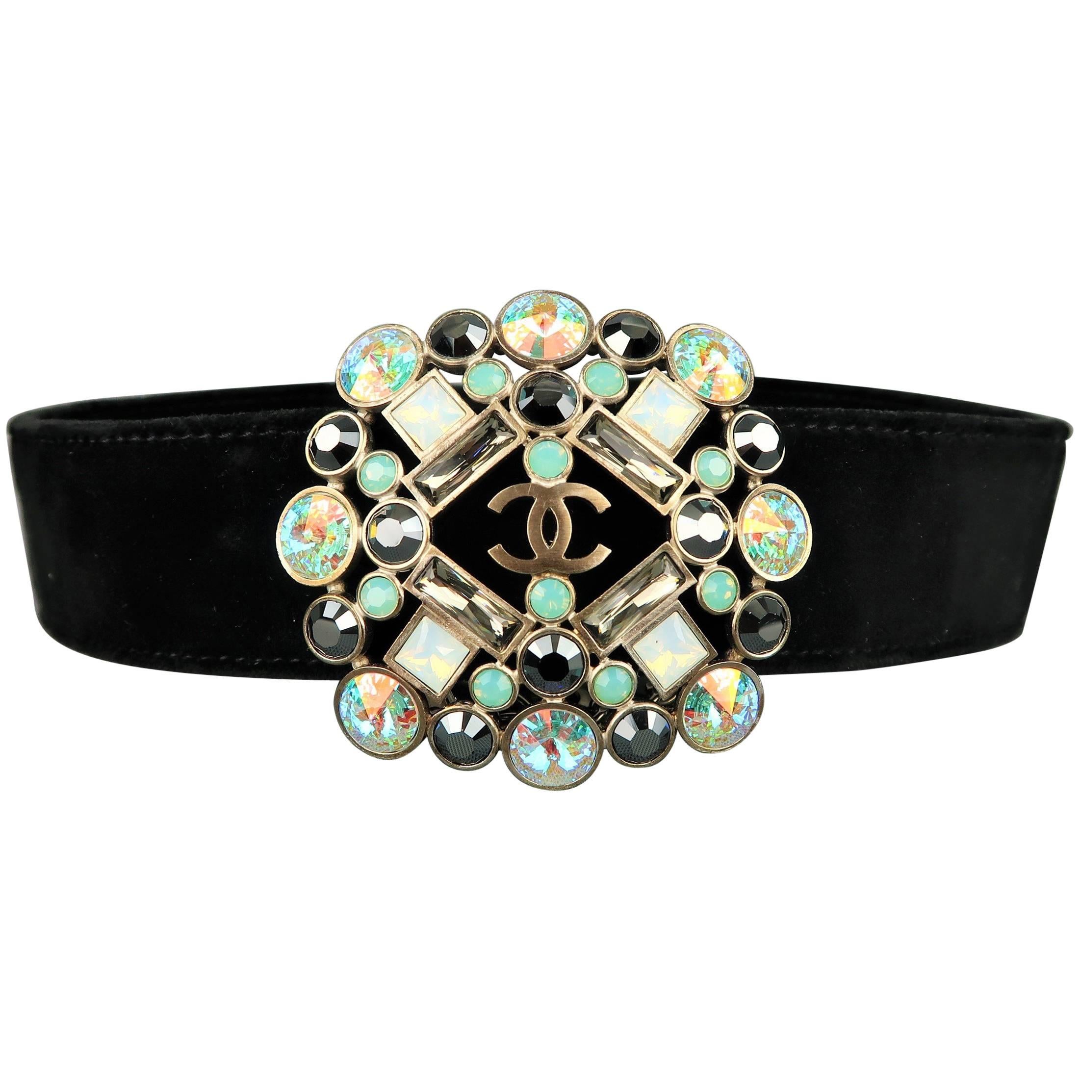 Chanel Black Velvet Aurora Borealis Crystal Gripoix CC Brooch Belt, Fall 2006