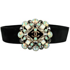 Chanel Black Velvet Aurora Borealis Crystal Gripoix CC Brooch Belt, Fall 2006