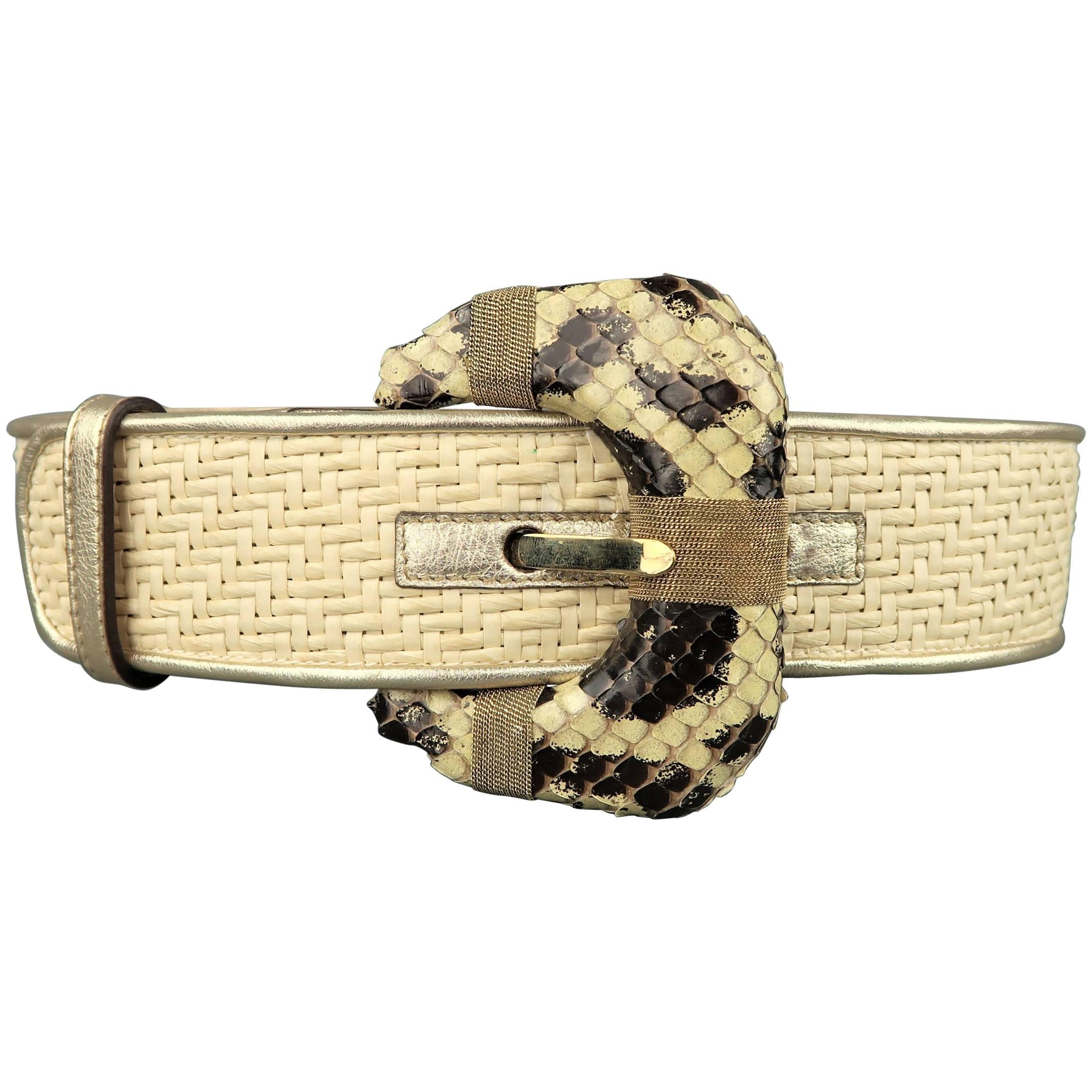OSCAR DE LA RENTA Beige M Woven Raffia Snake Buckle Leather Belt