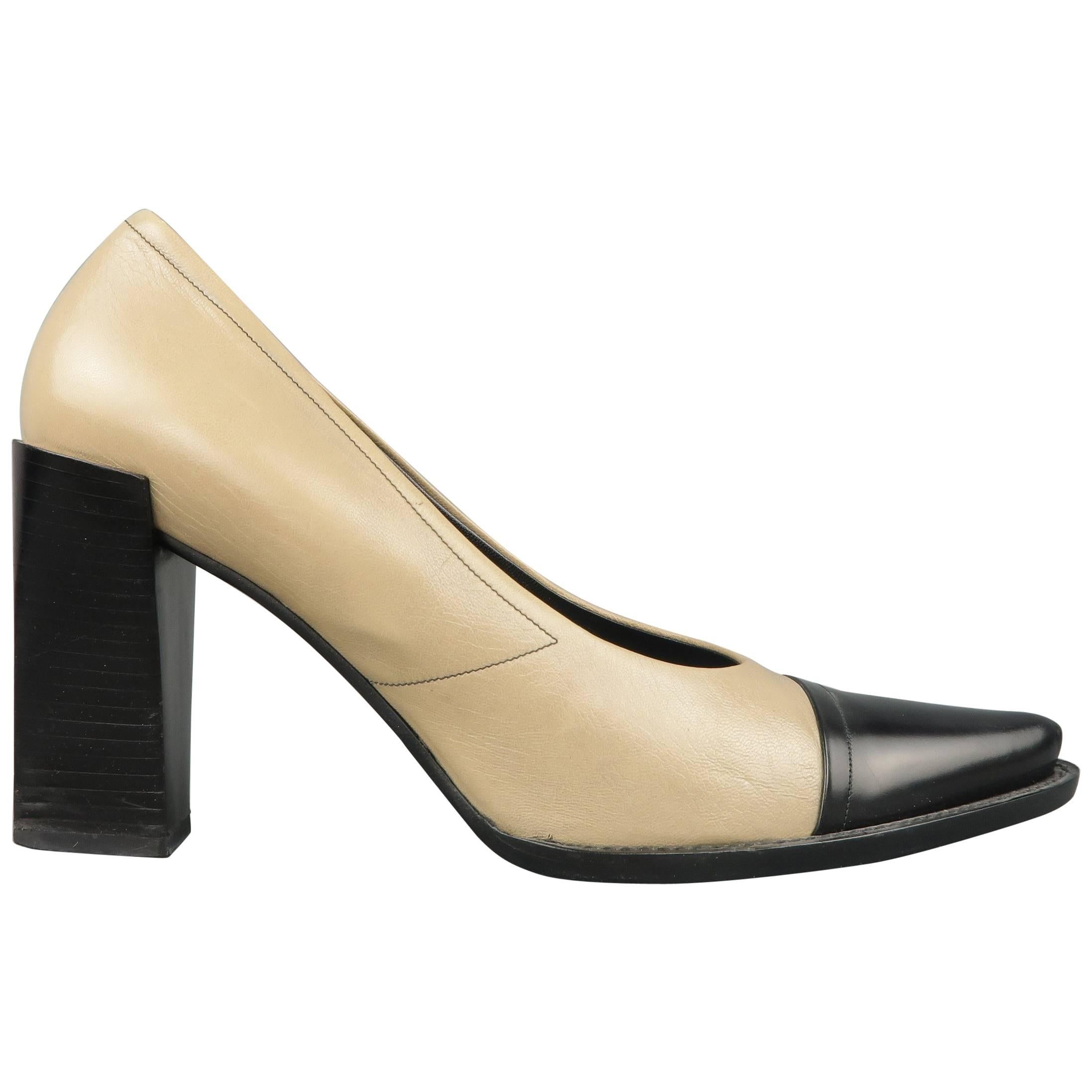 PRADA Size 10 Beige and Black Leather Cap Toe Pointed Toe Pumps at 1stDibs