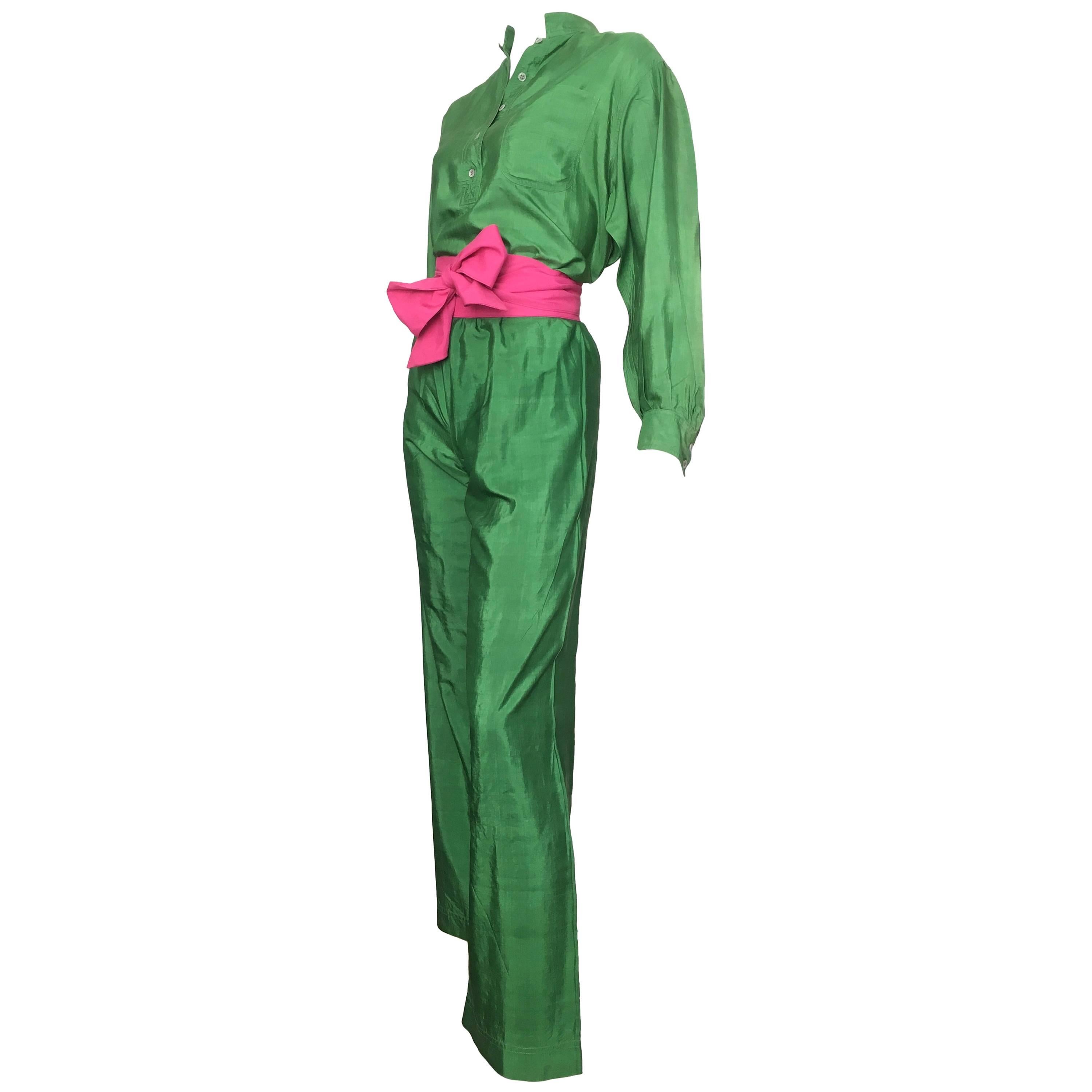 Saint Laurent Rive Gauche Green Silk Blouse, Pants & Sashes Size 4. For Sale