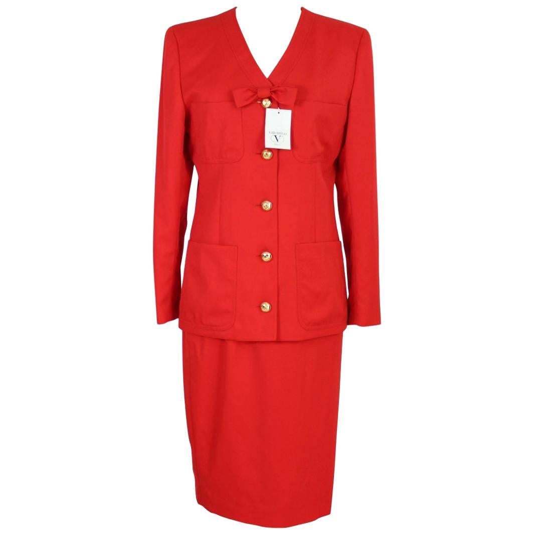 Valentino Classic Red Wool Italian Skirt Suit, 1990s