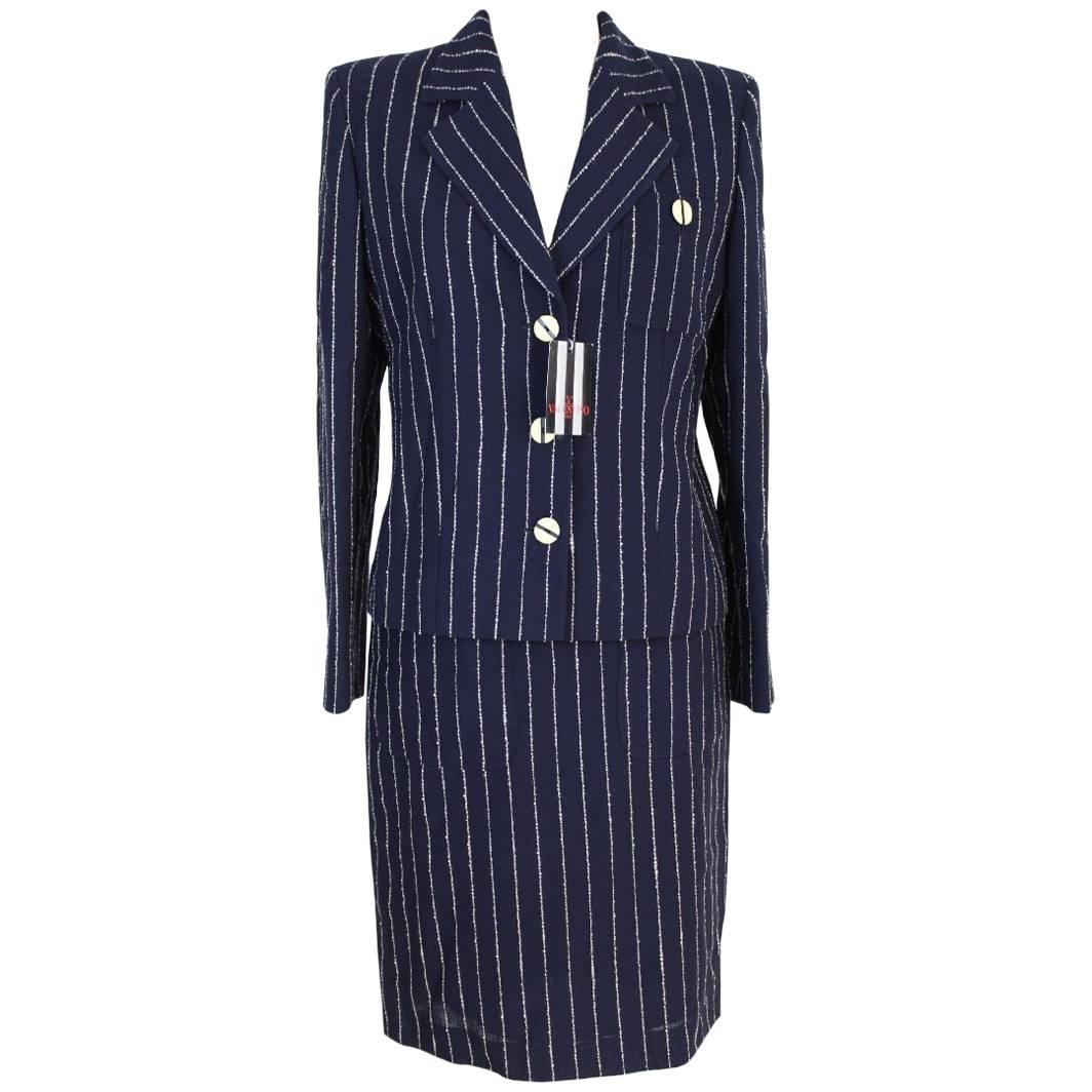 Valentino Set Dress Pinstripe Blue Wool Italian Skirt Suit, 1990s For Sale