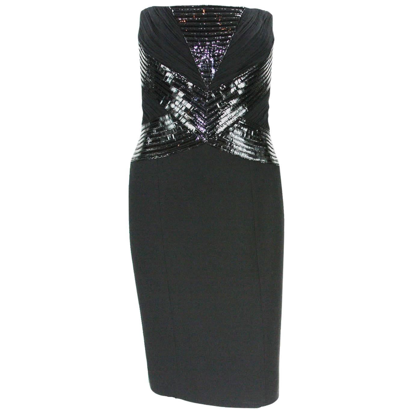 New Versace Patent Leather Embellished Silk Black Cocktail Strapless Dress 40 For Sale