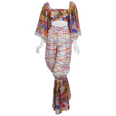 1991 Yves Saint Laurent Leon Bakst Novelty Print Silk Bell Sleeve Ensemble Set
